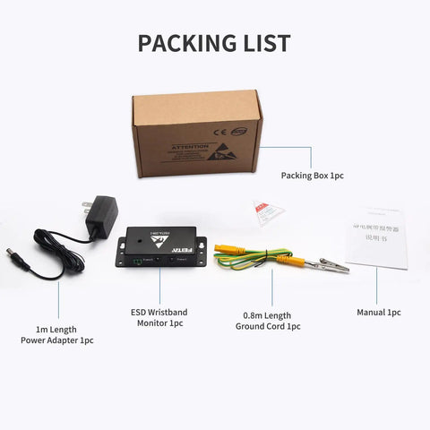Dual ESD Wrist Strap Monitor And Tester With Online Grounding Status Alarm packing list including adapter, monitor, cord, manual, box
