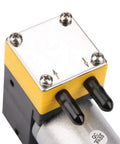12V Miniature DC Diaphragm Vacuum Pump With Badass Suction And Self Priming Action showing top view with yellow casing and two black outlet tubes.