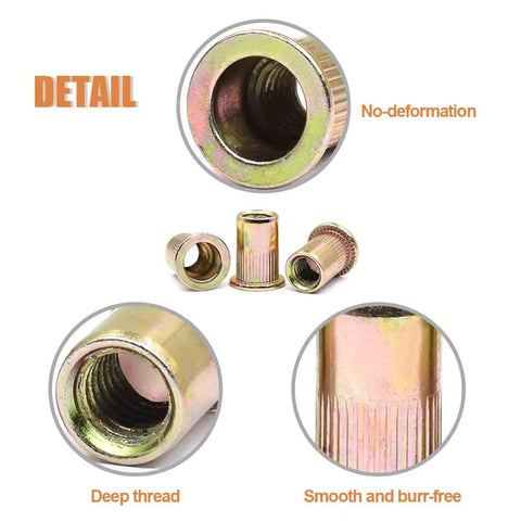 M10 Rivet Nuts Kit 100 Pcs Zinc Plated Carbon Steel Flat Head Threaded Inserts detail view showing deep thread and smooth surface.