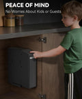 Lightning Fast Biometric Gun Safe For Bedside Handgun Storage Featuring Quick Draw Sliding Door Design And Foolproof Fingerprint Scanner For Super Secure Home Defense Setup, displayed in cabinet with child accessing controls.