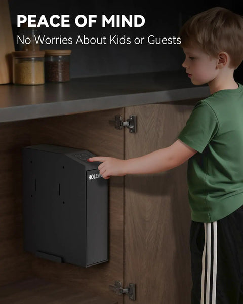 Lightning Fast Biometric Gun Safe For Bedside Handgun Storage Featuring Quick Draw Sliding Door Design And Foolproof Fingerprint Scanner For Super Secure Home Defense Setup, displayed in cabinet with child accessing controls.