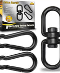 Rock Solid Black 304 Stainless Steel Swivel Ring With Twist Resistant Dual Snap Hooks And Smooth Action Rotation For Tree Swing Hammock Heavy Duty Rigging M8 Size with packaging and two hooks.