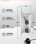 Side view of 12 Pack 4 Inch LED Can Lights Retrofit Recessed Lighting With 5 CCT Selectable 2700K To 6000K Dimmable Downlights, 9W 630 Lumen Output, Metal Smooth Trim, ETL And Energy Star Certified, showcasing specifications and dimensions.