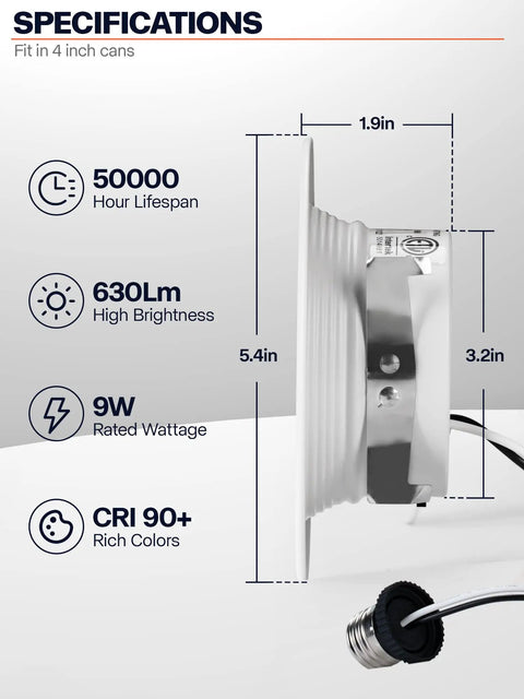 Side view of 12 Pack 4 Inch LED Can Lights Retrofit Recessed Lighting With 5 CCT Selectable 2700K To 6000K Dimmable Downlights, 9W 630 Lumen Output, Metal Smooth Trim, ETL And Energy Star Certified, showcasing specifications and dimensions.