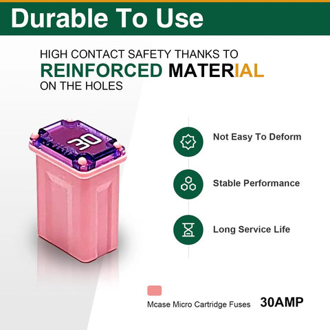 Ten Pack 30 Amp Micro Cartridge Fuses With Low Profile Box Shaped FMM Mcase Type 608830 for Cars SUVs and Trucks, durable