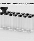 Single Dose Coffee Bean Storage Jars 14 Piece Glass Canisters With One Way Valve And Sturdy Metal Dispenser Stand Keeps Your Daily Roast Locked Up Tight And Ready To Grind Anytime - 14 transparent tubes with black lids and a funnel.
