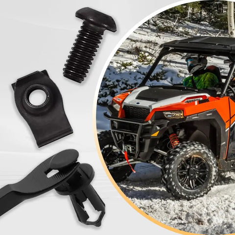 Heavy Duty U Type Nut And Screw Kit For UTV ATV And Snowmobile Featuring Rock Solid Nylon Rivets close-up of screw and clips for fasteners.