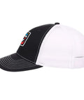 Side view of Dope Vintage Sport Trucker Cap for Men with black front, white mesh back, adjustable fit, and embroidered patch.