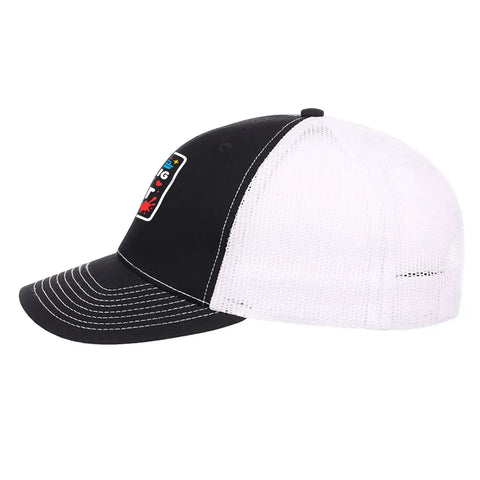 Side view of Dope Vintage Sport Trucker Cap for Men with black front, white mesh back, adjustable fit, and embroidered patch.