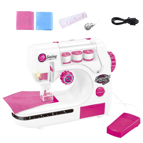 Kids Sewing Machine Toy With Realistic Pedal And Needle Threading For Needlework Practice, featuring threads and fabric.