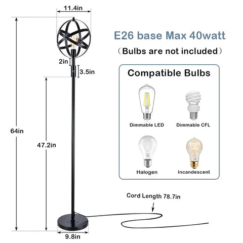 Dimensions and compatible bulbs for Globe Industrial Floor Lamp With Dimmable On Off Switch, Rustic Spherical Standing Light.