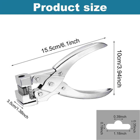 Heavy Duty T Slot Hole Punch Handheld Cutter For Tags Badges And ID Cards, silver zinc alloy, product dimensions shown