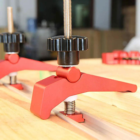 Rock Solid Aluminum T Track Hold Down Clamps For Woodworking And Metalworking Projects Plus Quick Slide In T Slot Press Clamps with black knob