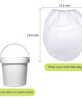 10 Pcs Paint Filter Strainer Bags White Fine Mesh For 5 Gallon Buckets Elastic Top Disposable Filter Bags For Painting No Mess Staining, Gardening And Plant Protection 250 Micron Mesh shown with dimensions next to a bucket.