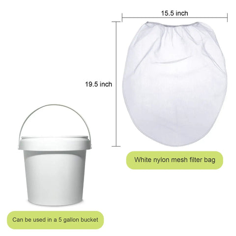 10 Pcs Paint Filter Strainer Bags White Fine Mesh For 5 Gallon Buckets Elastic Top Disposable Filter Bags For Painting No Mess Staining, Gardening And Plant Protection 250 Micron Mesh shown with dimensions next to a bucket.