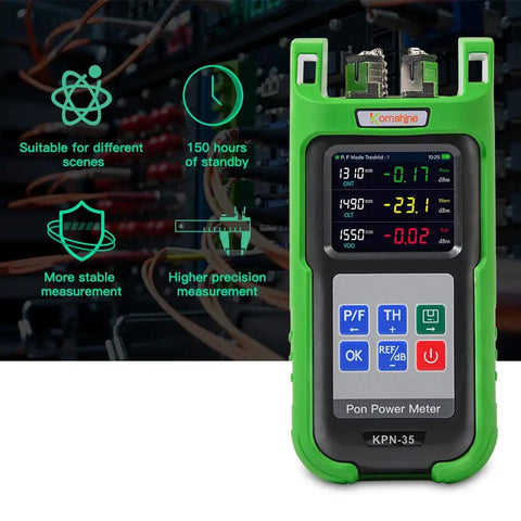 Live PON Optical Power Meter With 0.1 dB Resolution For 1490 nm 1550 nm And 1310 nm Testing showing readings