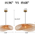 Comparison of two Farmhouse Bamboo Woven Pendant Light Fixtures with 19.68 inch and 14.96 inch diameters, handwoven shades.