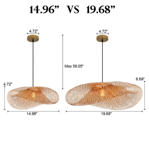 Comparison of two Farmhouse Bamboo Woven Pendant Light Fixtures with 19.68 inch and 14.96 inch diameters, handwoven shades.