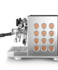 Sleek Copper-Chrome Espresso Machine from the bundle, showcasing control knobs and intricate design, ideal for home barista setup.