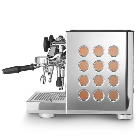 Sleek Copper-Chrome Espresso Machine from the bundle, showcasing control knobs and intricate design, ideal for home barista setup.