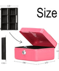 Open small pink cash box with key lock, double layer metal money box for home security portable locking cash safe with tray