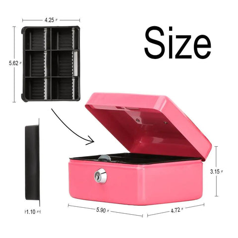 Open small pink cash box with key lock, double layer metal money box for home security portable locking cash safe with tray