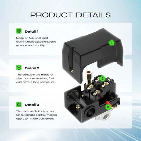 Air Compressor Pressure Switch With Four Port Regulator Gauge 90-120 Psi Cut In Cut Out Easy To Install One Quarter Inch NPT Thread Beefy Durable Quick Connect Valve For DIY Projects And Pro Shops dissected view