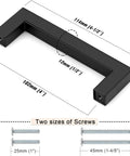 Matte Black Cabinet Handles 5 Pack 4 Inch Hole Center 102mm Stainless Steel Square Bar Drawer Pulls dimensions and screws