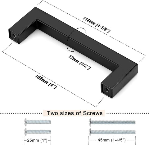 Matte Black Cabinet Handles 5 Pack 4 Inch Hole Center 102mm Stainless Steel Square Bar Drawer Pulls dimensions and screws