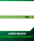 TruRange 25 Ft Measuring Tape With 17 Ft Standout, High Visibility Green Blade showing numbers up to 15 with standout details.