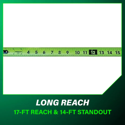 TruRange 25 Ft Measuring Tape With 17 Ft Standout, High Visibility Green Blade showing numbers up to 15 with standout details.