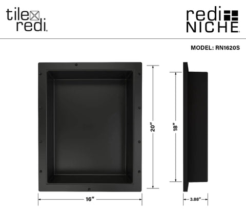 Recessed Shower Niche With Built In Shelf Tile Ready Black Finish 20 Inches High By 16 Inches Wide One Inner Shelf All In One Shower Storage For Any Shower Install Horizontal Or Vertical front and side view