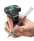 Person wearing Ring Wearable 2D Barcode Scanner With USB Wired 2 4G Wireless And Bluetooth 3 In 1 Connection for warehouse use