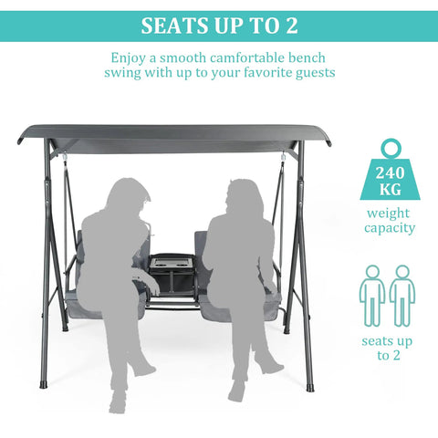 Two Seat Outdoor Patio Swing Chair With Canopy And Cooler Removable Cushions Weather Resistant Steel Frame Heavy Duty Hanging Porch Swing In Gray For Deck Or Garden Chill Vibe