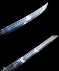 Close-up of blade from Xiuchun Dao Chinese Sabre Hand Forged Manganese Steel With Teak Wood Scabbard And Textured Alloy Fittings