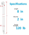 Diagram showing Eight Inch Heavy Duty Zip Ties With 120 Pound Tensile Strength Black Cable Ties 100 Count, dimensions labeled