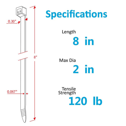 Diagram showing Eight Inch Heavy Duty Zip Ties With 120 Pound Tensile Strength Black Cable Ties 100 Count, dimensions labeled