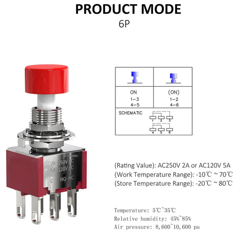 6 Pin Momentary Push Button Switch NO NC With Red Cap 3 Pack, AC 120V 5A or 250V 2A, durable plastic and metal construction