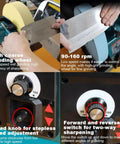 Heavy Duty 10 Inch Water Cooled Knife Sharpener With Variable Speed And Wet Dry Dual Mode For All Knives And Chisels Grinds Through Dull Blades Like A Top Shelf Machine With Zero Sweat And Pro Grade Power showing variable speed control and grinding wheels.