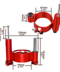 Precision Router Lift System With Aluminum Insert Plate And Wood Routing Base For Workbenches showing detailed dimensions and parts in red aluminum.