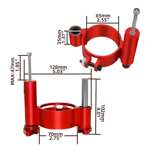 Precision Router Lift System With Aluminum Insert Plate And Wood Routing Base For Workbenches showing detailed dimensions and parts in red aluminum.