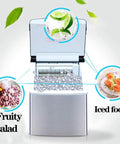 Heavy Duty Compact Ice Maker Churning 25 Kg Daily Cube Ice With Slick Steel Exterior, showing ice cubes for fruity salad and iced food.