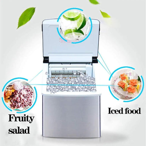 Heavy Duty Compact Ice Maker Churning 25 Kg Daily Cube Ice With Slick Steel Exterior, showing ice cubes for fruity salad and iced food.