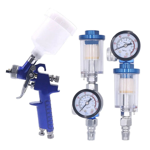 Badass Performance HVLP Mini Paint Spray Gun With Integrated Pressure Regulator And 125 Ml Gravity Cup featuring gauge and dual filters.