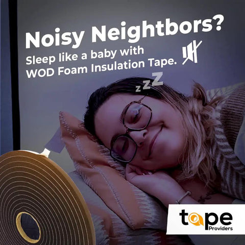 Tight As A Drum Closed Cell Sponge Rubber Foam Tape 3/8 Inch Wide By 3/16 Inch Thick By 50 Feet Long self-sticking weather strip shown on bedside.