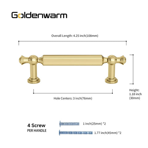 Gold Brushed Finish Cabinet Pulls Set Of 10 3 Inch Drawer Handles In Zinc Alloy with 76mm Hole Centers, showing size and screws included.