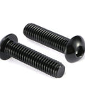 No-Nonsense 20 Pack Of Solid 5/16-18 X 1 1/2 Inch Button Head Socket Cap Bolts Crafted From Tough 304 Stainless Steel With Black Oxide Coating And Allen Wrench Included, detailed view of two black button head bolts.