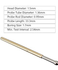 P100 E2 Spring Test Probes Set 100 Brass One Point Five Millimeter Round Conical Head Pins For PCB Testing 3A Rating Six Point Five Millimeter Stroke Thirty Three Point Three Millimeter Length Replacement Probes For Precise Circuit Debugging And Probing displayed with dimensions