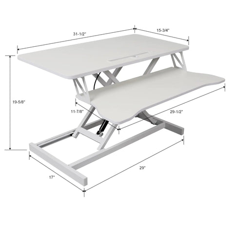 Sit To Stand Computer Desk With Pull Out Keyboard Tray Ergonomic Office Workstation, white, adjustable height, dimensions shown.