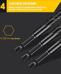 Masonry drill bit set with 1/4 inch hex shanks; black-coated bits shown for concrete, tile, brick.
